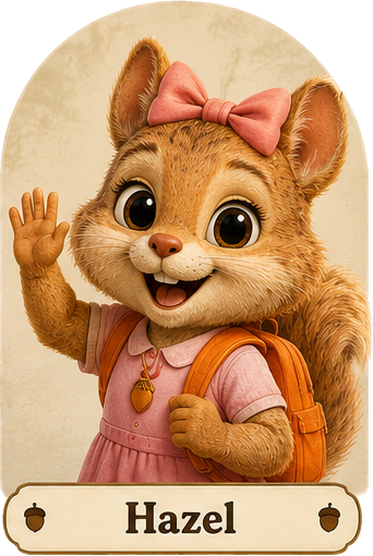 Portrait of Hazel waving, wearing a pink bow, a pink dress and an orange backpack.