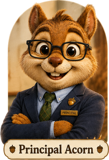 Portrait of Principal Acorn wearing a dark earth-tone jacket, tie, glasses and an acorn pin, arms folded and smiling warmly.