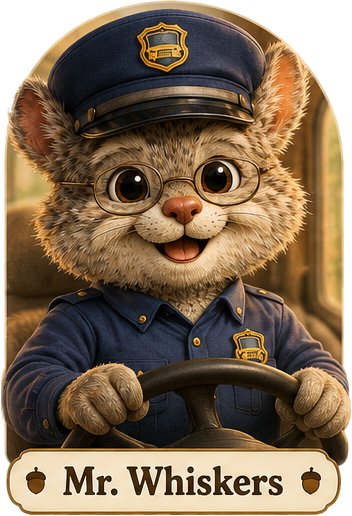 Portrait of Mr. Whiskers, the SquirrelBus driver, in a blue uniform and cap with round wire-frame glasses, holding the steering wheel.