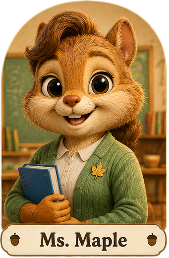 Portrait of Ms. Maple in a warm cardigan with a maple-leaf pin, holding a book in front of a classroom chalkboard.