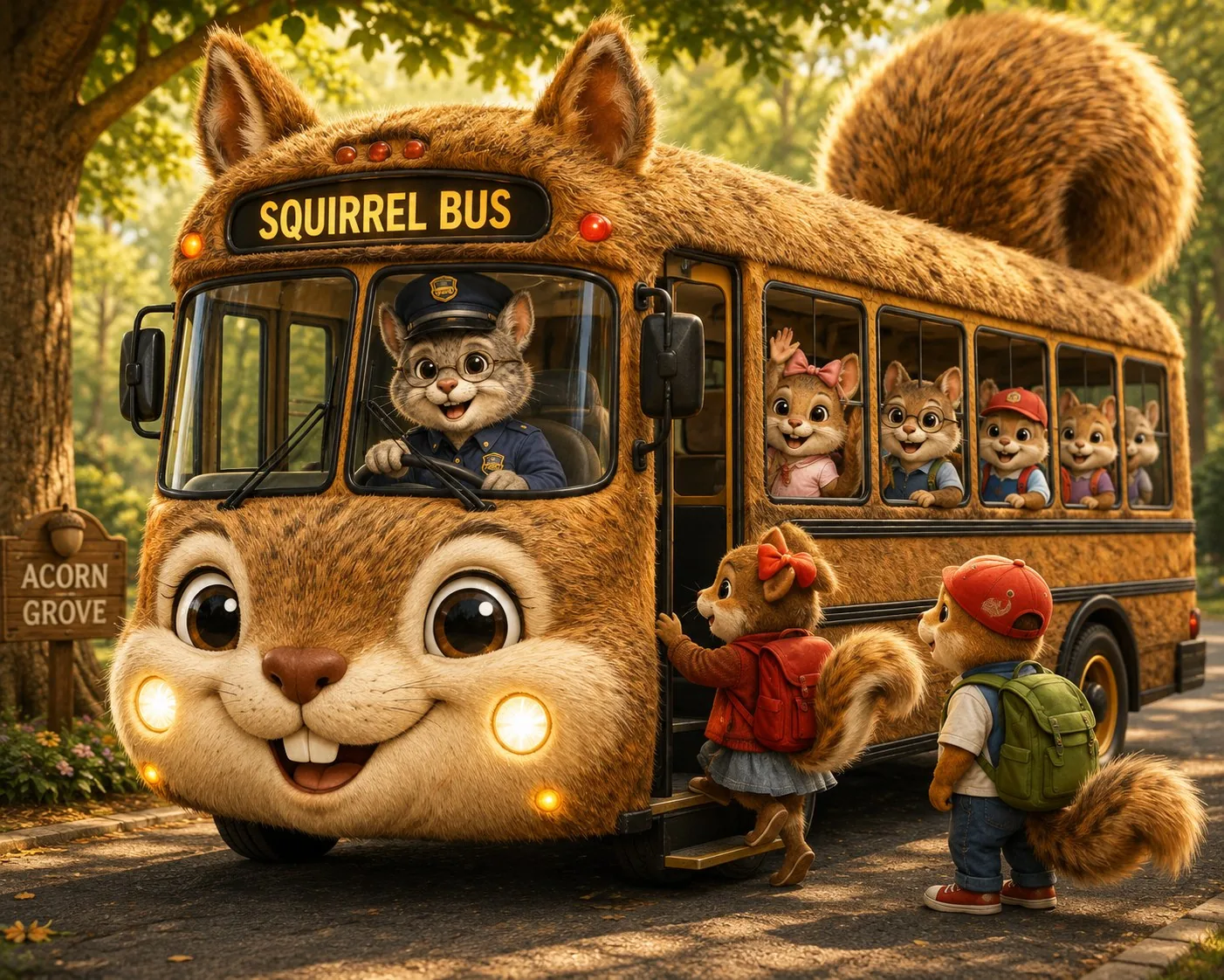The SquirrelBus, a friendly smiling squirrel-shaped school bus with a large fluffy tail, parked at Acorn Grove in golden-hour light while Mr. Whiskers drives and the students board.
