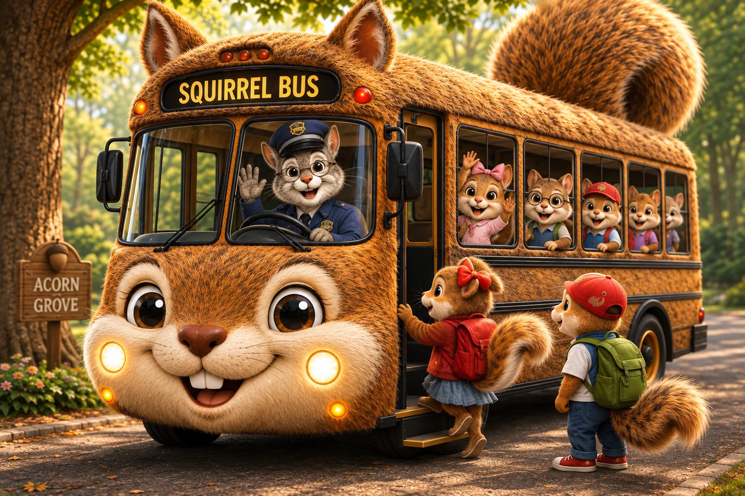 The Squirrel Bus, a friendly smiling squirrel-shaped school bus with a large fluffy tail, parked at Acorn Grove while Mr. Whiskers waves from the driver's seat and students board.